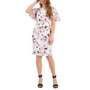 Kasper Sheath Dress 20W Floral Pink Gray Ivory Short Sleeve Flutter Summer NEW